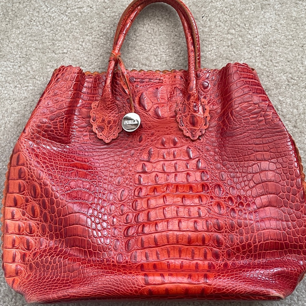 Furla Tote Orange Crocodile Stamped Leather
